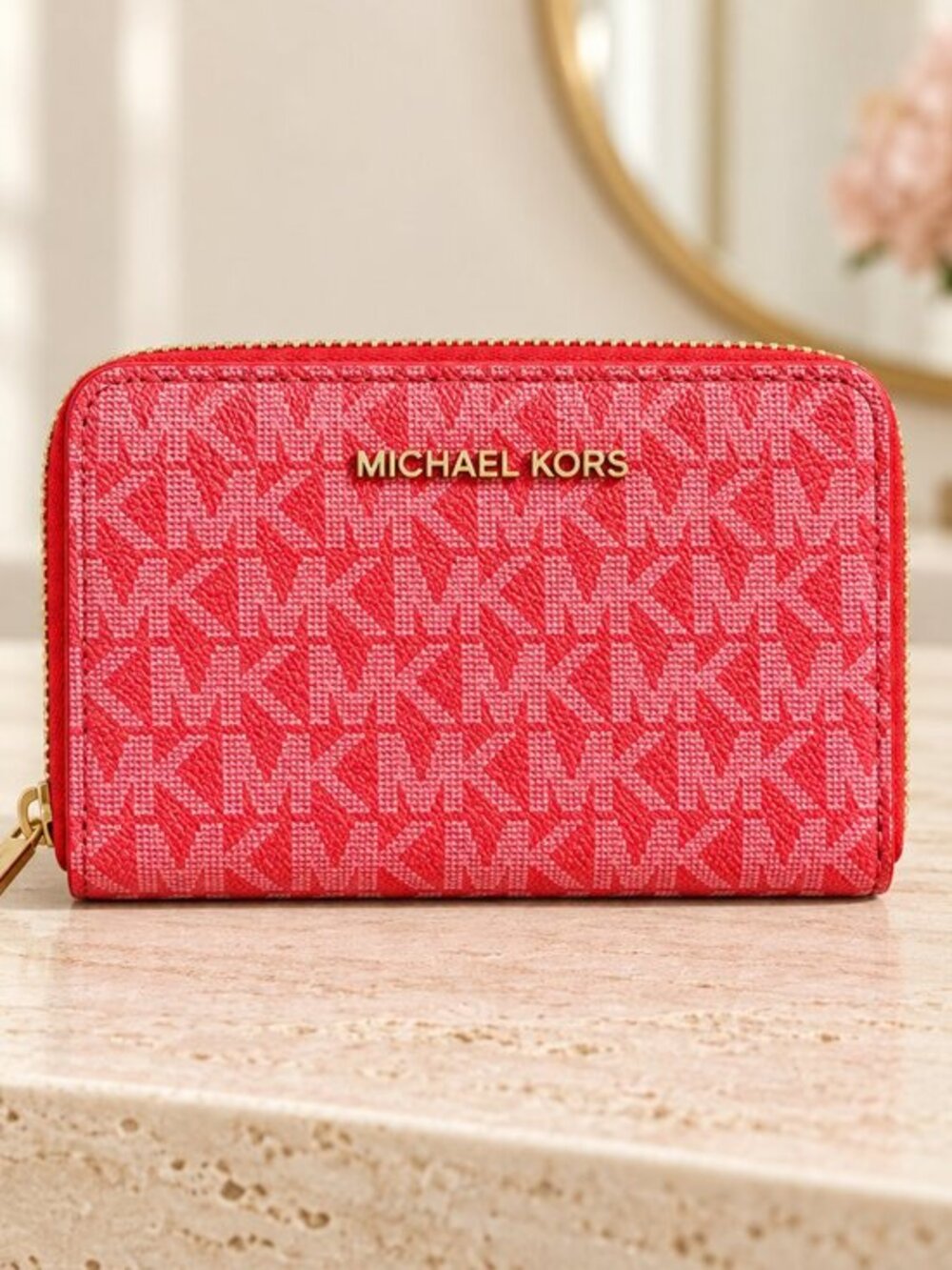 Michael Kors Jet Set Signature Small Zip Wallet Sangria Pink Gold NWT